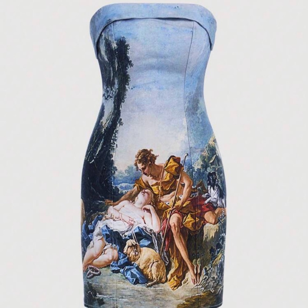 SHEIN Blue Artistic Print Strapless Mini Dress